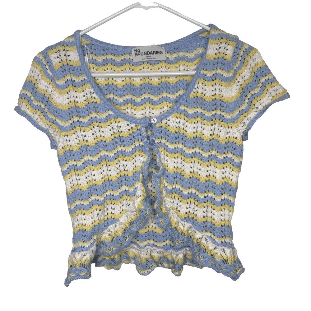 No Boundaries Womens Size XS Blue Yellow Zigzag Open Knit Crop Top Cardigan